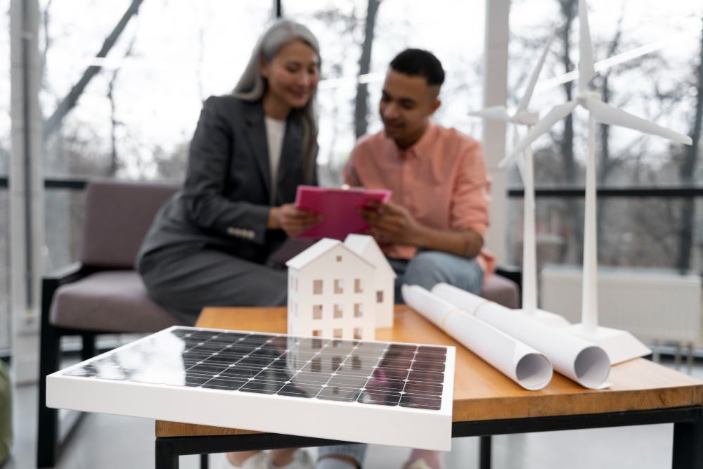 a man and woman looking at a model of a house