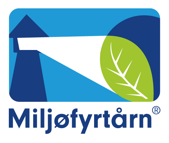 a blue and white logo with a green leaf and a lighthouse