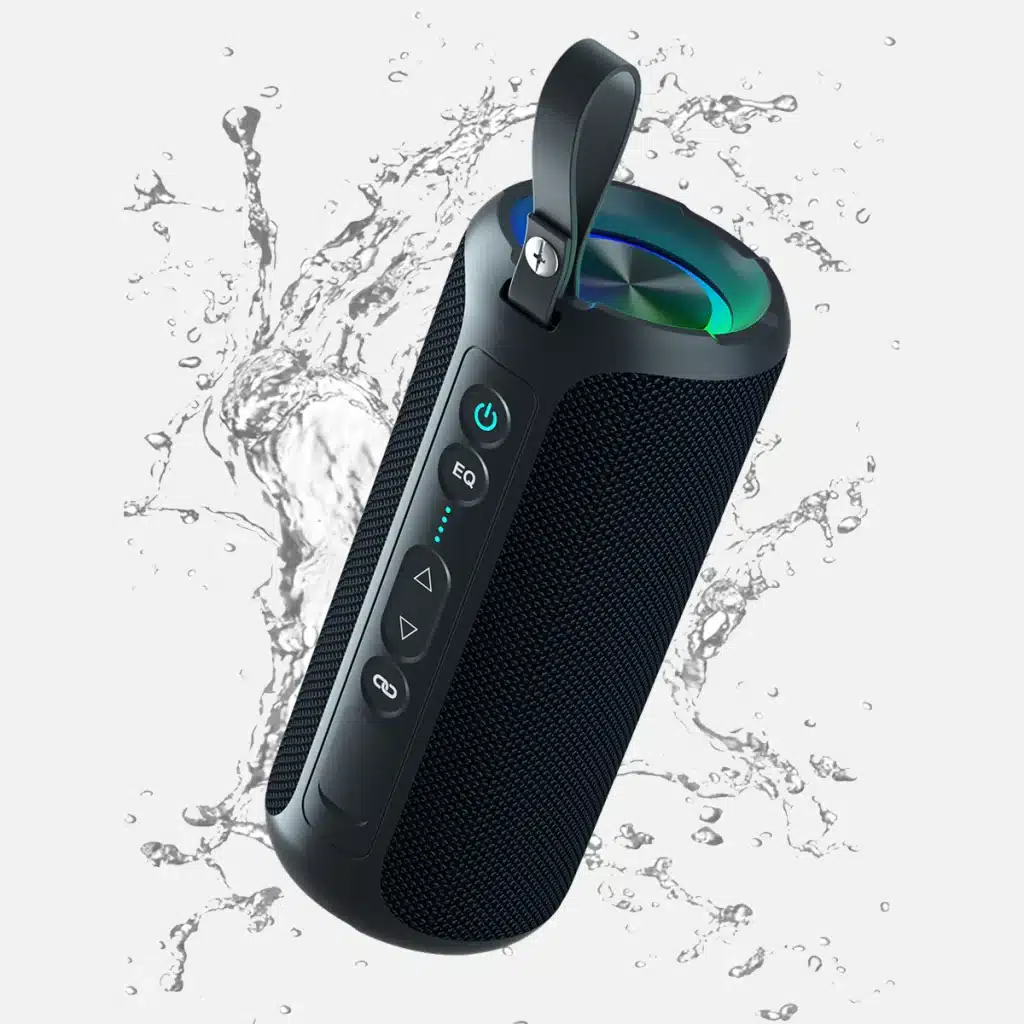 a black speaker with blue lights